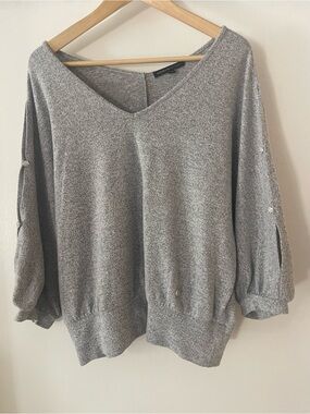 Adrienne Vittadini Relaxed V-Neck open Sleeve Sweater - Gray w bling